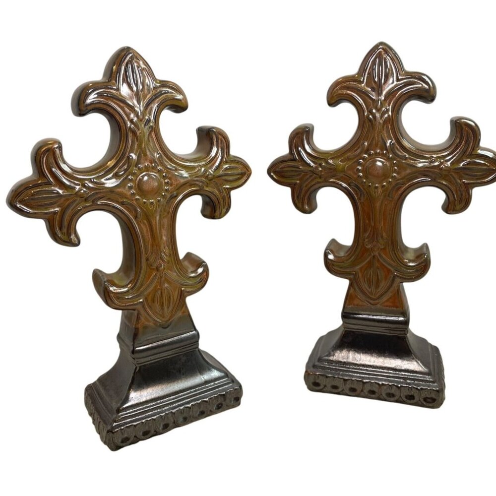 Pair Of Decorative Ceramic Fleur-De-Lis Cross Figurines or Book Ends